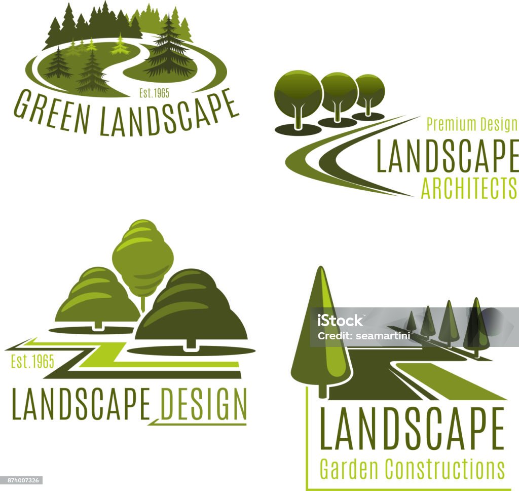 Vector icons for nature landscaping company Gardening or green landscape design company icons set. Vector isolated green tree park, nature eco village or woodland and parkland for landscaping horticulture and garden planting association Logo stock vector