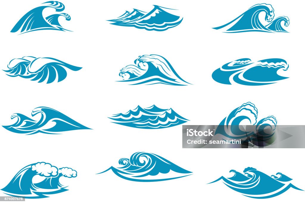 Icônes vectorielles de splash de vague bleu eau omari - clipart vectoriel de Vague déferlante libre de droits