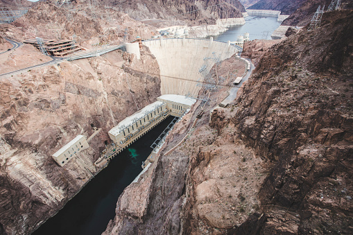 A stock photo of a Hoover Dam and Lake Mead in Nevada, USA.