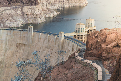 A stock photo of a Hoover Dam and Lake Mead in Nevada, USA.