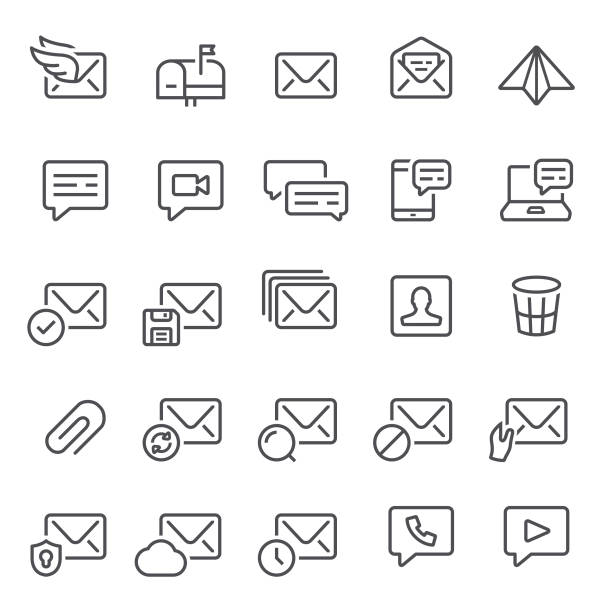 Email and Messaging Icons Mail, email, post, messaging, icon, icon set, mailbox, envelop inbox stock illustrations