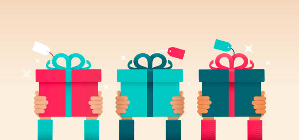 ilustrações de stock, clip art, desenhos animados e ícones de giving a gift hands raised - prenda de natal ilustrações