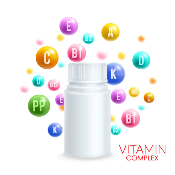 Vitamin complex pills vector 3D plastic bottle Vitamin complex design template for vitamin pills package advertising. Vector 3D plastic bottle with cup and vitamin ball bubbles with letters of A, B and C and PP or ascorbic acid vitamin D mineral b balls stock illustrations