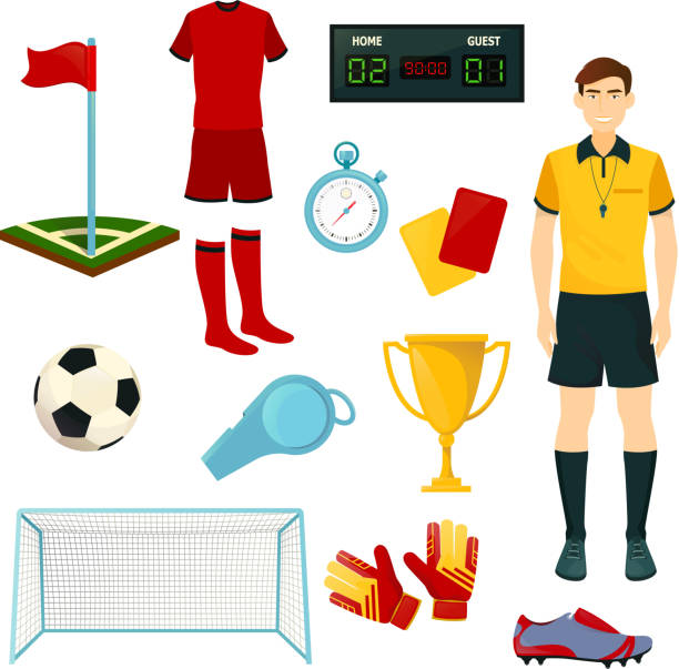 Vector icons for soccer or football sport game Soccer or football sport icons. Vector isolated set of soccer ball, goal gates and football player uniform and referee whistle and goalkeeper gloves, champion or winner golden cup and score stopwatch soccer soccer player goalie playing stock illustrations