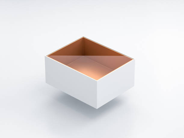 istock White Box Mockup with transparent plastic window and golden foil cardboard inside in light studio, blister 874020694