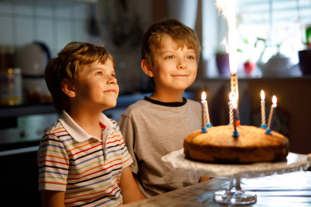 criança gêmeos meninos comemorando aniversário e velas no bolo - birthday cake family germany indoors - fotografias e filmes do acervo