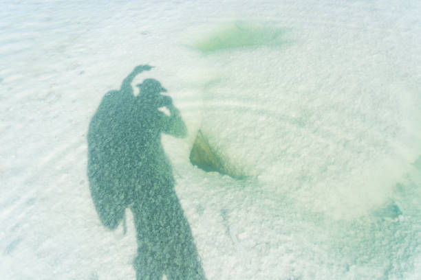 Tourist is in the Chaka Salt Lake,qinghai province,china.