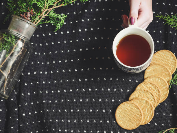 istock background - tea and biscuits on a dark background and green branch 874029514