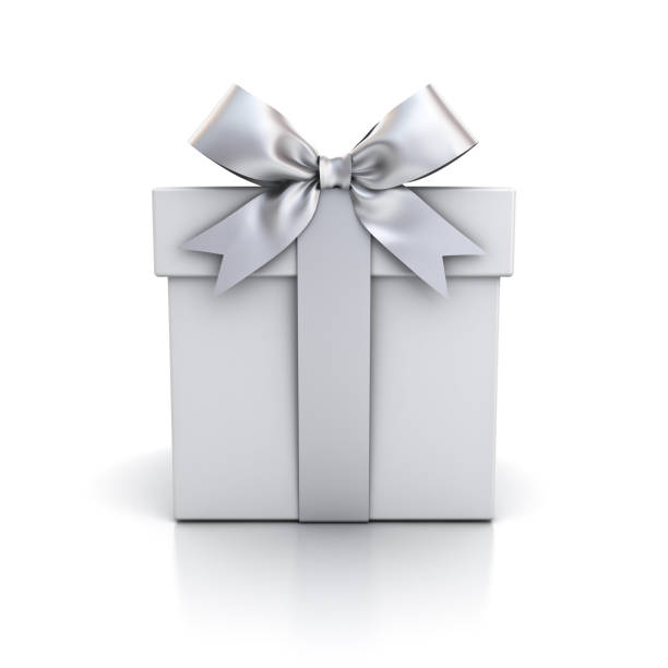 istock Gift box , present box with silver ribbon bow isolated on white background with reflection 874030602
