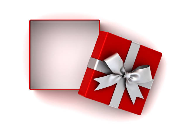 istock Open red gift box or present box with silver ribbon bow and empty space in the box isolated on white background with shadow 874030790