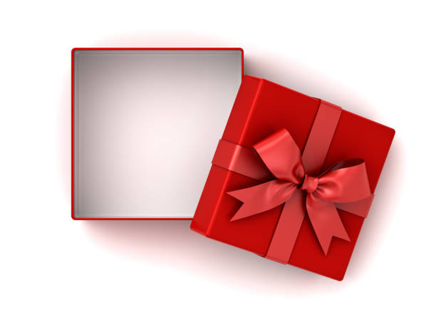 Open red gift box , Red present box with red ribbon bow and empty space in the box isolated on white background with shadow stock photo