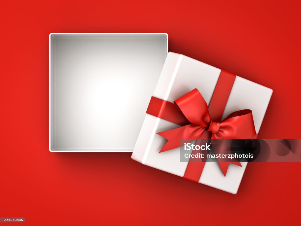 Caja de regalo abierta, presente caja con lazo de cinta roja y espacio en blanco en el cuadro aislado sobre fondo rojo con sombra - Foto de stock de Caja de regalo libre de derechos