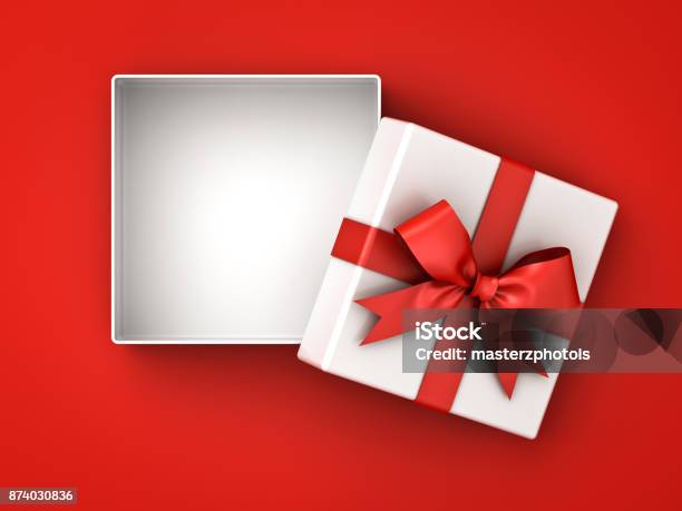 Open Gift Box Present Box With Red Ribbon Bow And Blank Space In The Box Isolated On Red Background With Shadow Stock Photo - Download Image Now