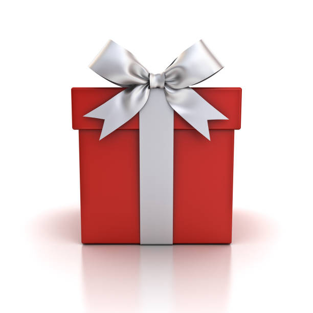 istock Gift box , Red present box with silver ribbon bow isolated on white background with reflection 874030918