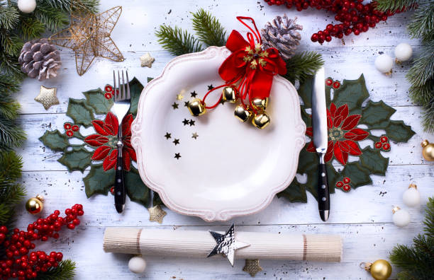 istock Christmas holiday dinner background; empty dish, cutlery and Christmas tree decoration 874031266