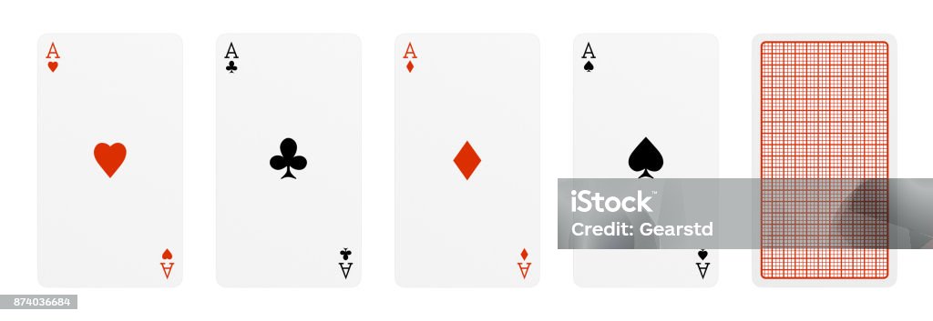 Rendering 3d di cinque carte da gioco, in cui quattro di esse sono assi diversi e una carta girata. - Foto stock royalty-free di Carte da gioco