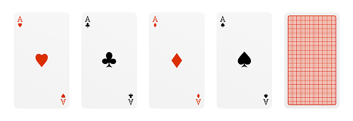 3d rendering of five playing cards, where four of them are different aces, and one card turned over. Poker and gambling. Card ranks. Classic card design.
