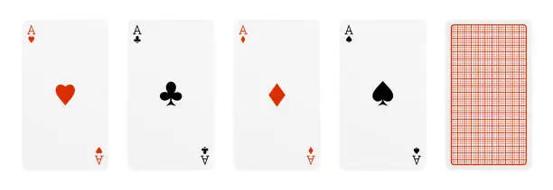 Photo of 3d rendering of five playing cards, where four of them are different aces, and one card turned over.