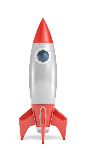 Photo of 3d rendering of a single silver and red rocket ship with a round porthole isolated on a white background.