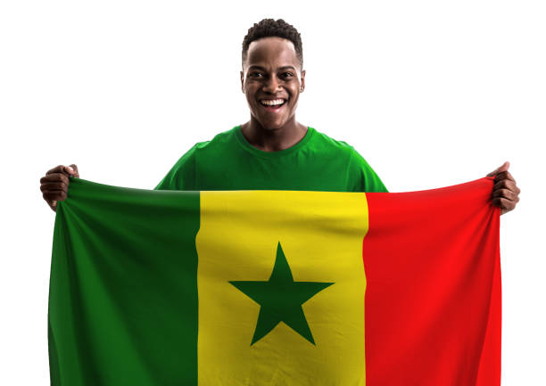 lüfter / sport-spieler hält die flagge des senegal - flag of senegal stock-fotos und bilder