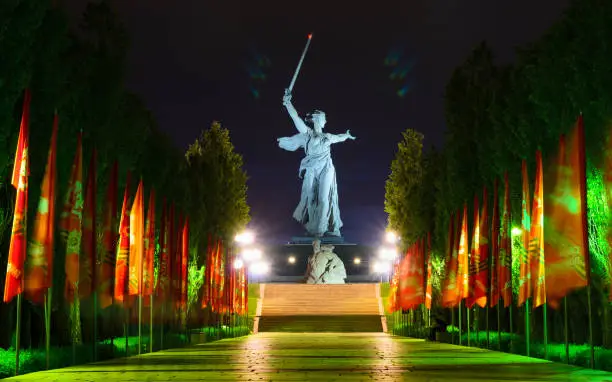 Motherland monument in Stalingrad. Night photo. February 23, May 9, Victory Day
