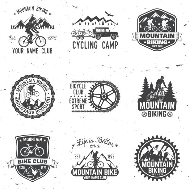 Set of Mountain bikings clubs. Vector illustration Set of Mountain bikings clubs. Vector illustration. Concept for shirt or icon, print, stamp or biking tourism. Vintage typography design with forest, mountain bikes silhouette. workout logo stock illustrations