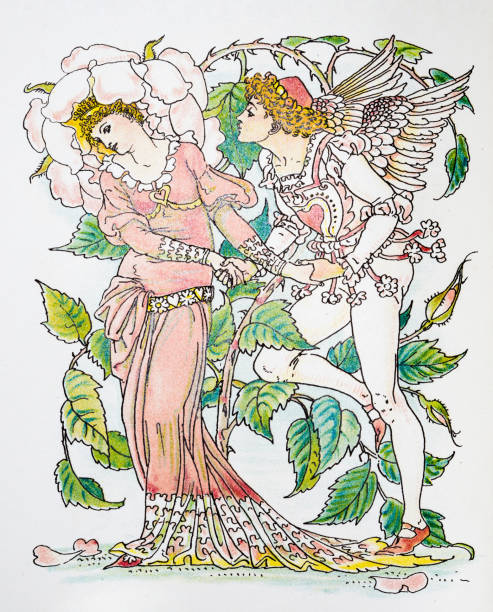 ilustrações de stock, clip art, desenhos animados e ícones de antique illustration of humanized flowers and plants: rose - women victorian style retro revival art nouveau