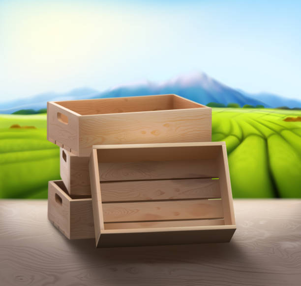 realistic wooden tray shows up your product mock up realistic illustration mock-up concept for a product from organic farm presentation,product from diary farms, with organic farm on the background wood box stock illustrations