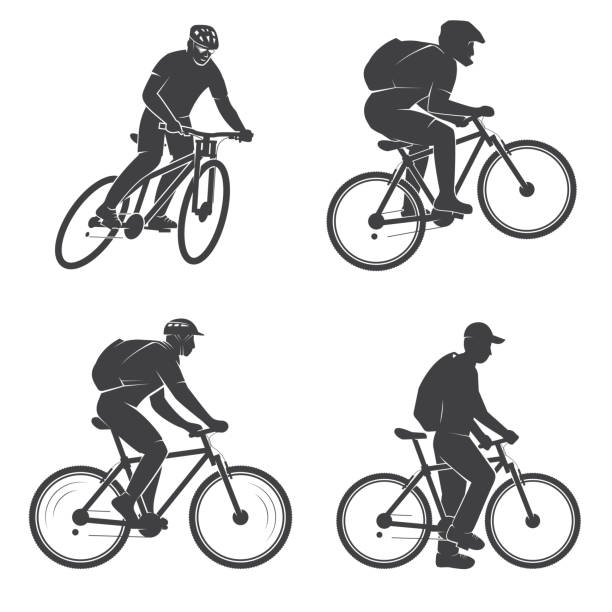 Set of mens on the Mountain bikings Set of mens on the Mountain bikings. Vector illustration. Concept for head badges, shirt, print, stamp or biking tourism. Outdoor adventure. Extreme mtb sport template. female mountain biker silhouette stock illustrations