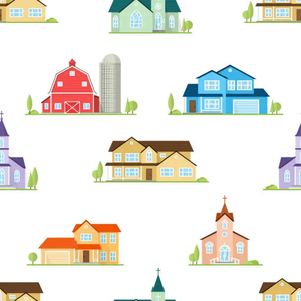 Vector illustration of American houses, churches and farm seamless pattern
