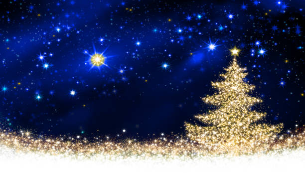 Golden Christmas tree and star sky Christmas tree with lights isolated on star sky background. schmuckkörbchen stock illustrations