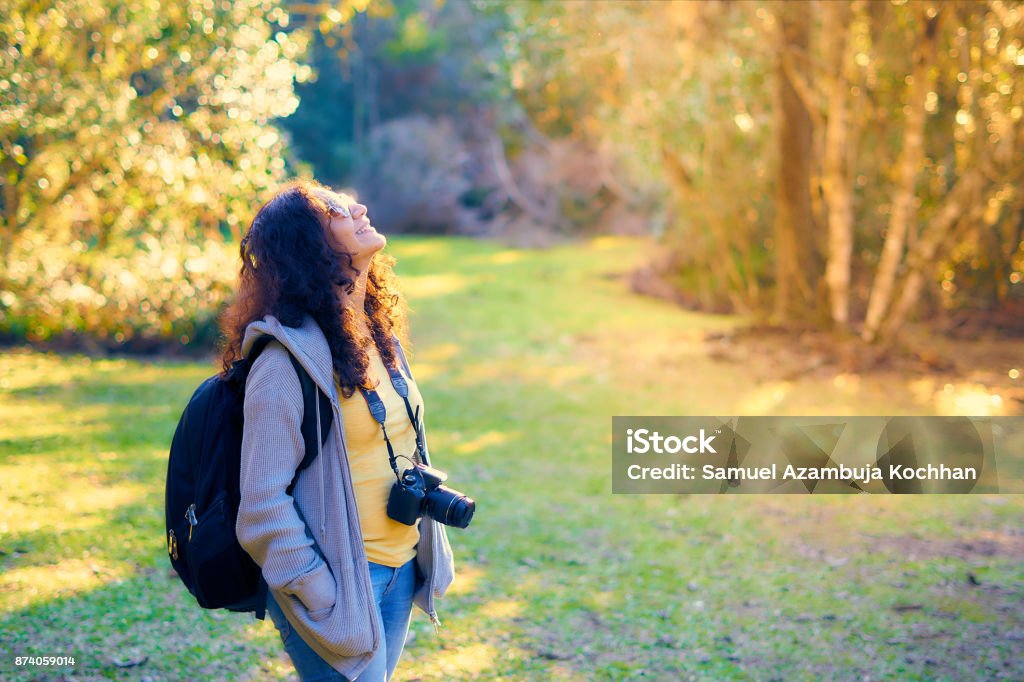 La fotografa femminile contempla la foresta e gli uccelli in una bellissima foresta verde. - Foto stock royalty-free di Capelli crespi