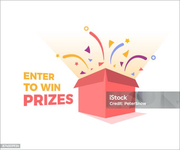 Prize Box Opening And Exploding With Fireworks And Confetti Enter To Win Prizes Design Vector Illustration Stock Illustration - Download Image Now