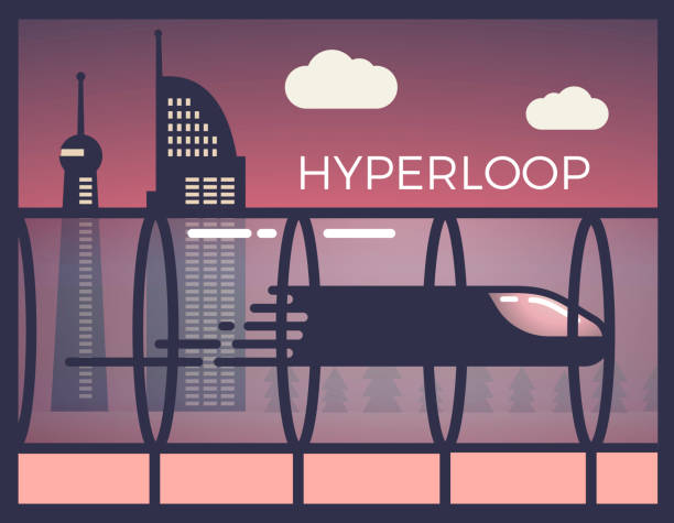 hyperloop, футуристический пассажирский поезд. быстрая транспортная векторная иллюстрация с вечерним горизонтом. - urban scene railroad track train futuristic stock illustrations