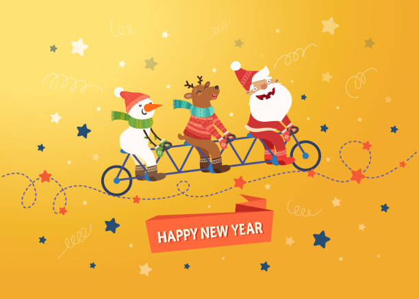 illustrations, cliparts, dessins animés et icônes de santa claus, le chevreuil et bonhomme de neige monté sur un vélo tandem - père noel à vélo