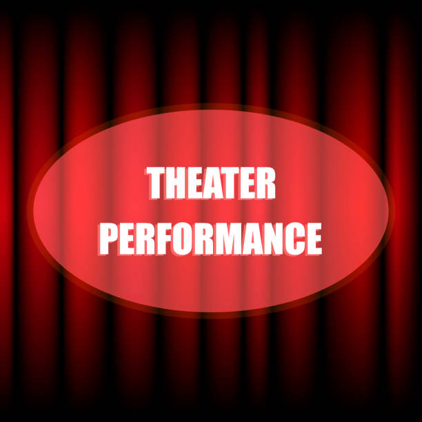 istock Spotlight on stage curtain with text. Stage with red curtains spotlights in theatre 874067432