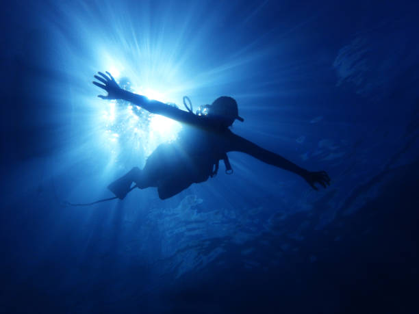 Diver Underwater with Sun Rays Behind stock photo