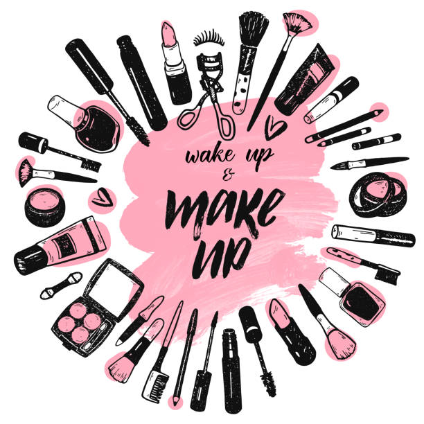 ilustrações de stock, clip art, desenhos animados e ícones de wake up and make up brush lettering on pink art brush stroke background with cosmetics collection - make up cosmetics beauty lipstick