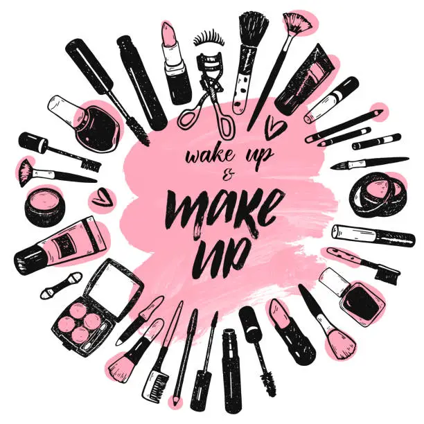 Vector illustration of Wake up and make up brush lettering on pink art brush stroke background with cosmetics collection