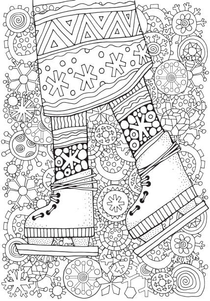 스케이트에 겨울 소녀입니다. 겨울 눈송이입니다. 성인 색칠 책 페이지입니다. 손으로 그린 벡터 일러스트입니다. 색칠에 대 한 패턴입니다. 흑인과 백인입니다. - computer graphic child snowflake vector stock illustrations