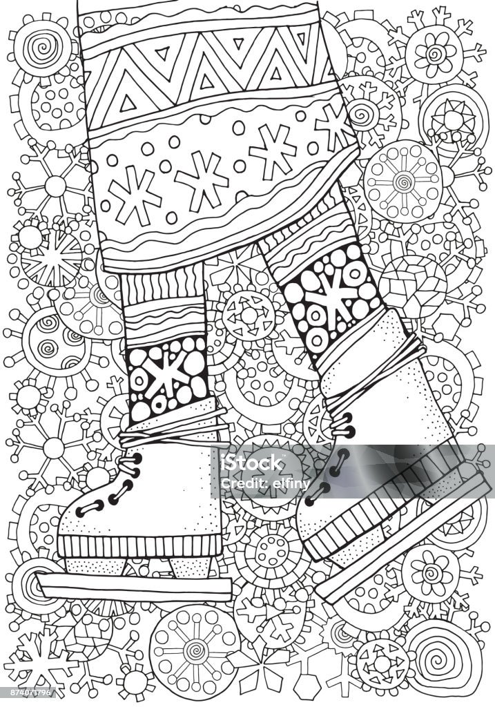 Winter girl on skates. Winter snowflakes. Adult Coloring book page. Hand-drawn vector illustration. Pattern for coloring book. Black and white. Winter girl on skates. Winter snowflakes. Adult Coloring book page. Coloring Book Page - Illlustration Technique stock vector