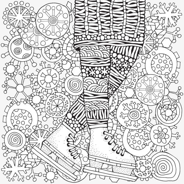 ilustraciones, imágenes clip art, dibujos animados e iconos de stock de chica invierno en patines. copos de nieve de invierno. adultos página de libro para colorear. ilustración de vector dibujado a mano. modelo para libro de colorear. blanco y negro. - computer graphic child snowflake vector