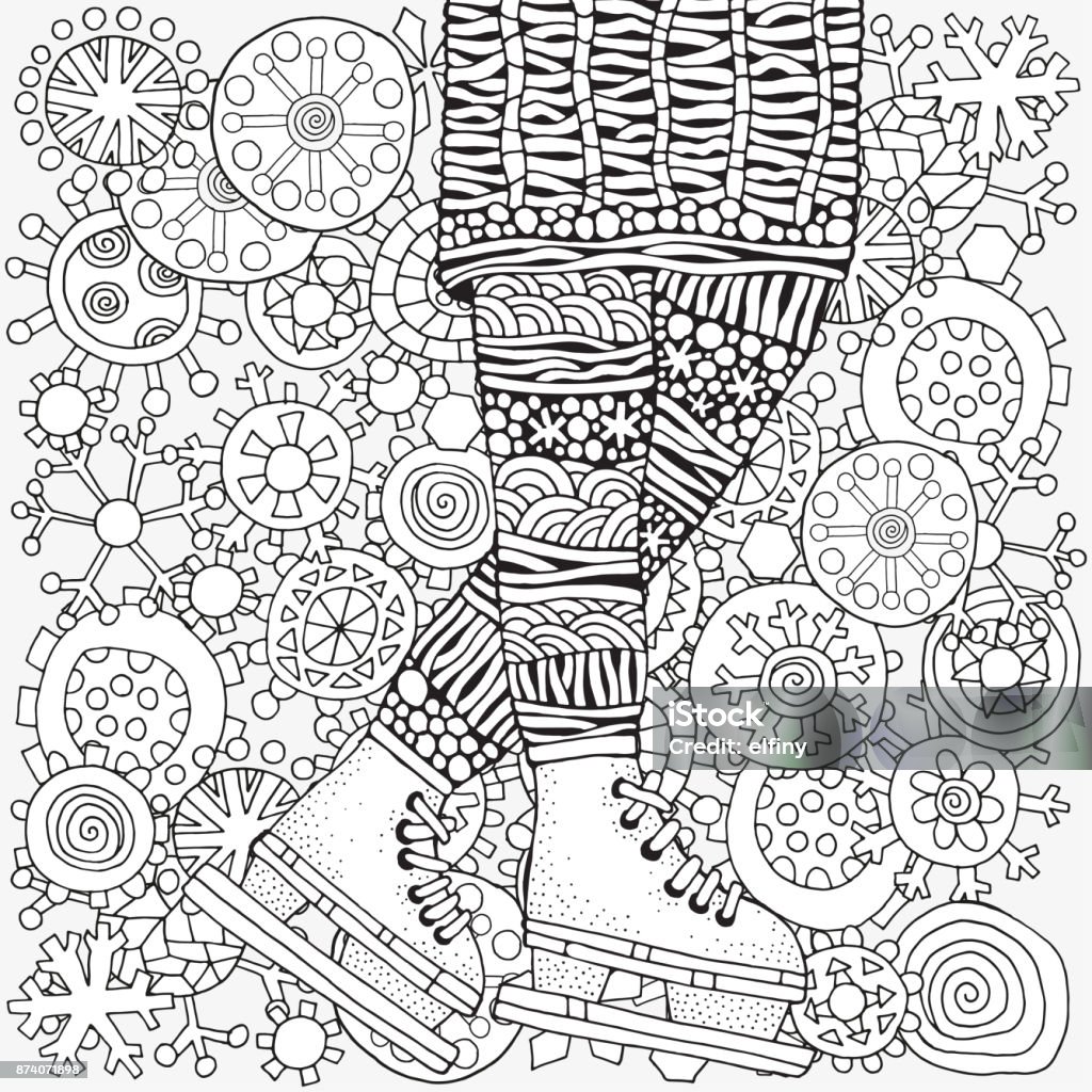 Winter girl on skates. Winter snowflakes. Adult Coloring book page. Hand-drawn vector illustration. Pattern for coloring book. Black and white. Winter girl on skates. Winter snowflakes. Adult Coloring book page. Winter stock vector