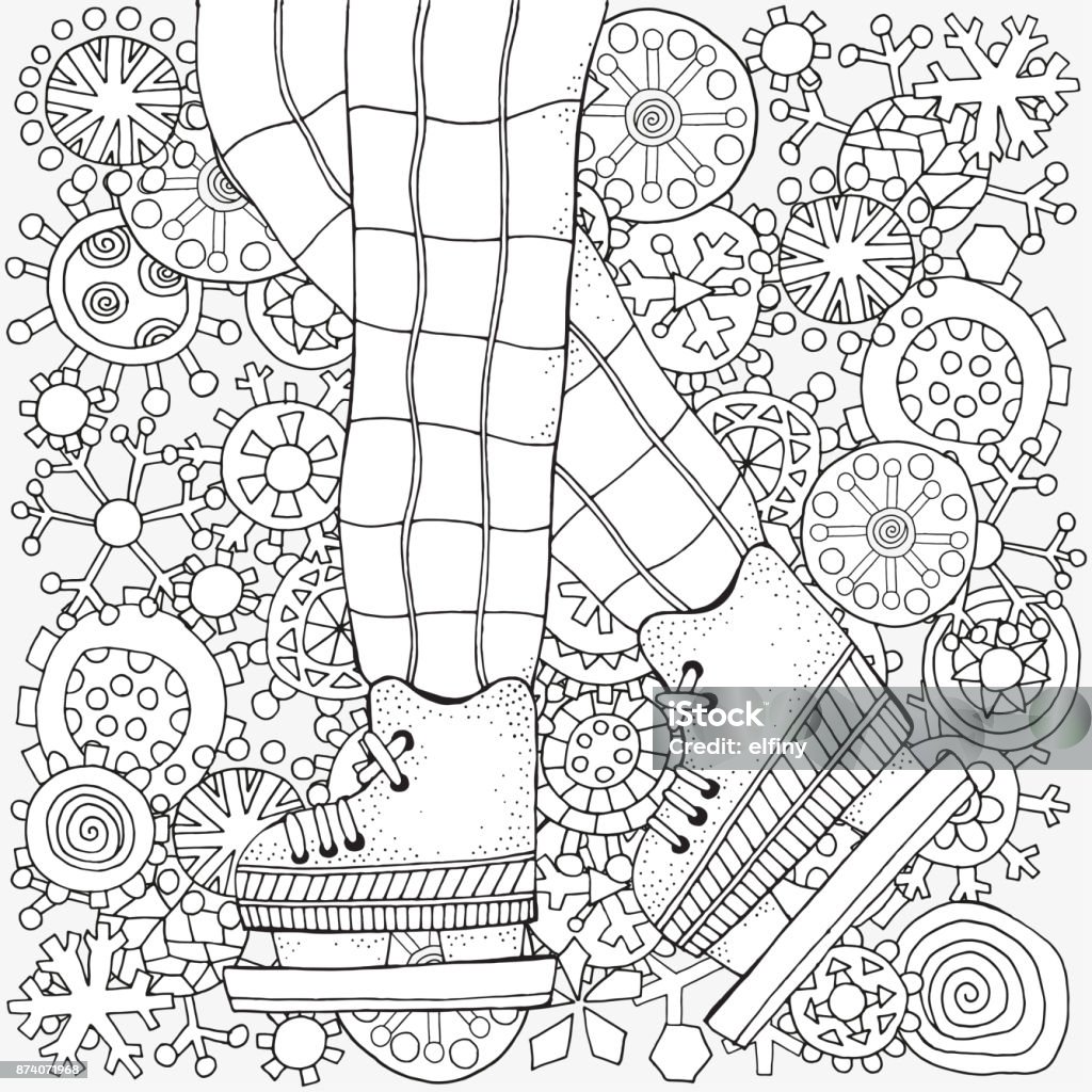 Winter boy on skates. Winter snowflakes. Adult Coloring book page. Hand-drawn vector illustration. Pattern for coloring book. Black and white. Winter boy on skates. Winter snowflakes. Adult Coloring book page. Coloring Book Page - Illlustration Technique stock vector