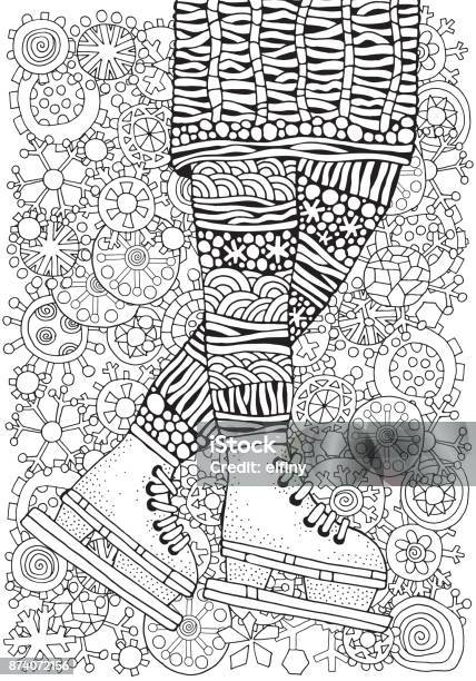 Winter Girl On Skates Winter Snowflakes Adult Coloring Book Page Handdrawn Vector Illustration Pattern For Coloring Book Black And White Stock Illustration - Download Image Now