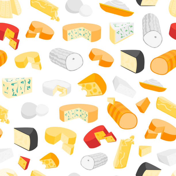 ilustrações, clipart, desenhos animados e ícones de queijo produtos lácteos de fundo padrão. vector - cheese portion backgrounds organic