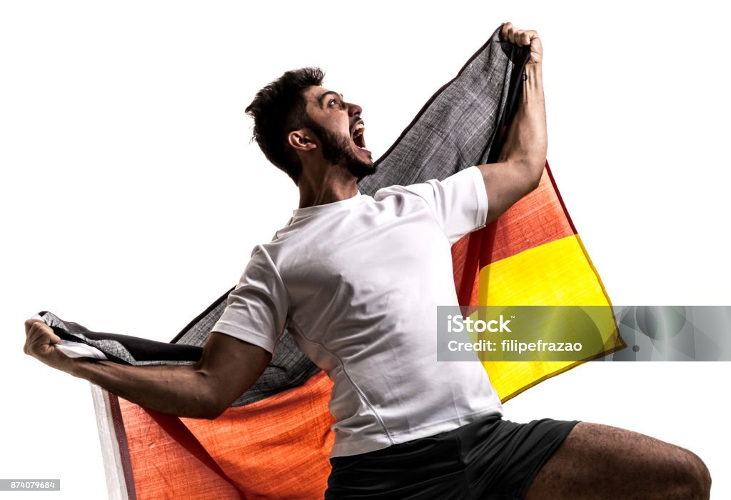 German athlete / fan celebrating on white background Sport collection Fan - Enthusiast Stock Photo