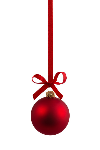 Golden and red striped Christmas bauble set on white background. Horizontal composition with copy space. Front view. Great use as a design element for Christmas related concepts.