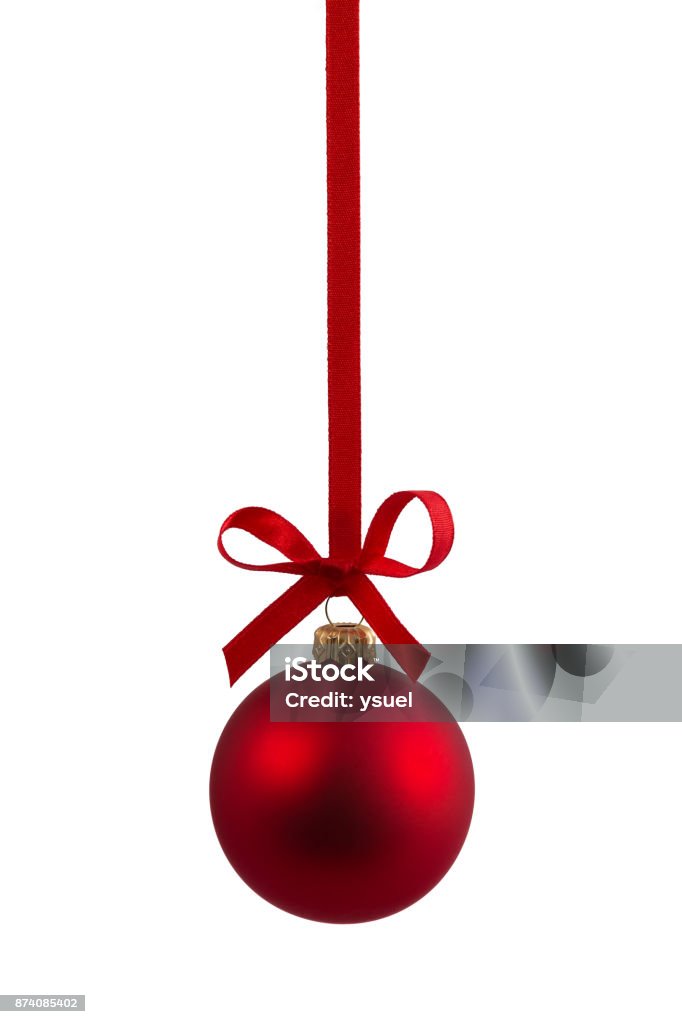 red single bauble 1 Red christmas bauble hanging on ribbon with bow, isolated on white. Christmas Ornament Stock Photo