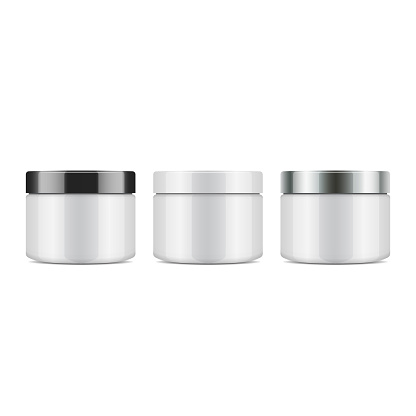 Set of round white plastic jar with lid for cosmetics. Vector mockup template for your design